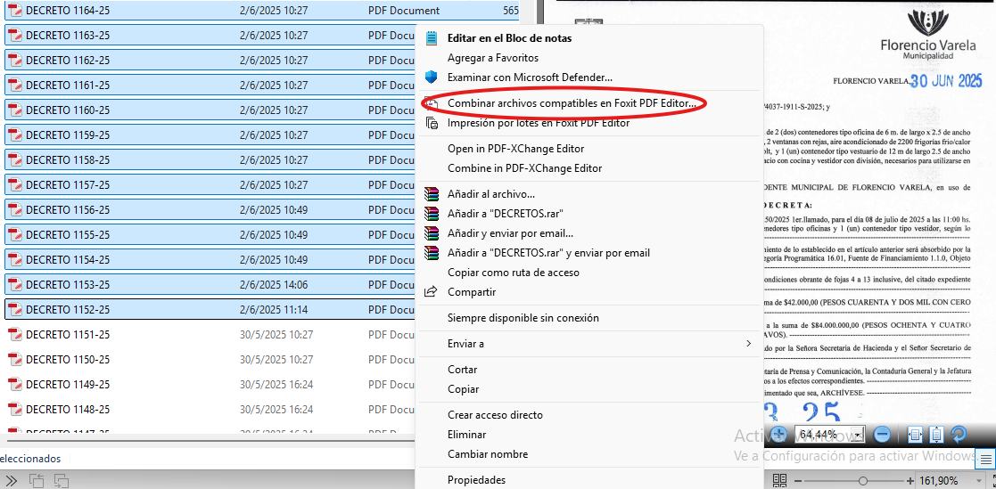 Selección de archivos para combinar en Foxit PDF Editor